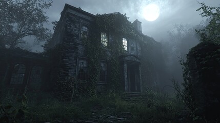 Spooky, abandoned house at night with full moon and fog.