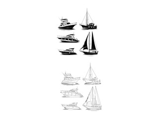 A minimalist black and white drawing of a sailboat on calm waters. Vector illustration and line art sailboat set design.