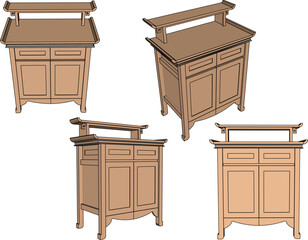 vector sketch of traditional ethnic vintage classic worship wooden table furniture offering