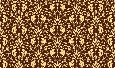 Wallpaper in the style of Baroque. Seamless vector background. Golden and brown floral ornament. Graphic pattern for fabric, wallpaper, packaging. Ornate Damask flower ornament