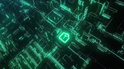 Obraz premium A glowing green padlock symbol is prominently displayed at the center, surrounded by intricate, interconnected lines and shapes that resemble a complex circuit board or a digital network.