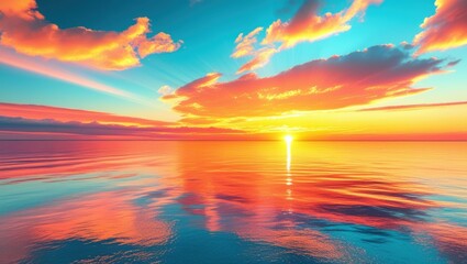 Fototapeta premium Vibrant sunset over calm ocean, dramatic colorful sky, brilliant orange and pink clouds, golden sun reflection on water, turquoise horizon, serene seascape, vivid saturated colors, digital art style, 