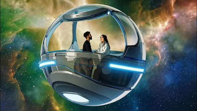 A couple inside a sleek space pod floating in the cosmos. pod's windows breathtaking view of a nebula, stars calming atmosphere lean on each other, enjoying serenity of deep space, Lofi anime-style
