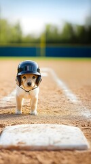 Obraz premium Adorable Puppy in Baseball Helmet on Field