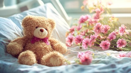 Fototapeta premium A teddy bear sits on a hospital bed with pink flowers.