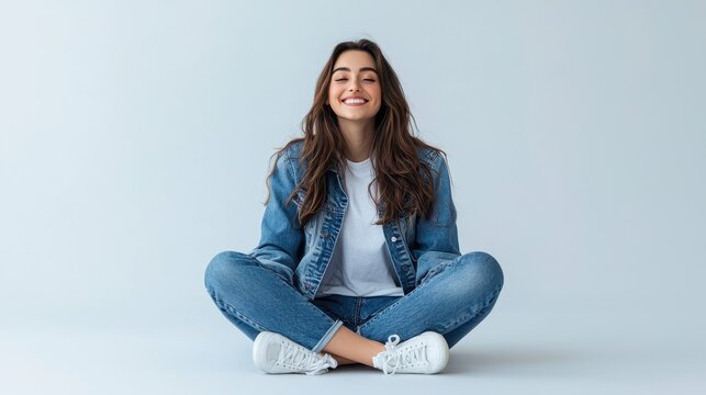 A female model in a casual denim jacket and white sneakers, sitting cross-legged with a playful smile on a white isolated background - Powered by Adobe