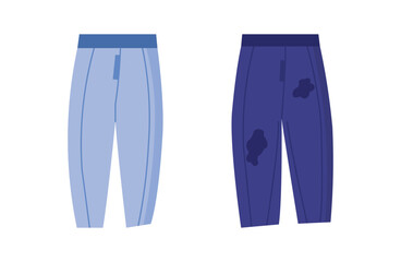 Illustration of two pants, one clean and light blue, other one dark blue with stains and patches