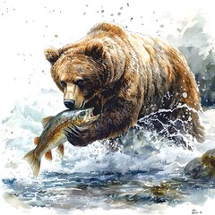 Obraz premium Bear catching fish in river wildlife scene digital art natural environment close-up view animal behavior