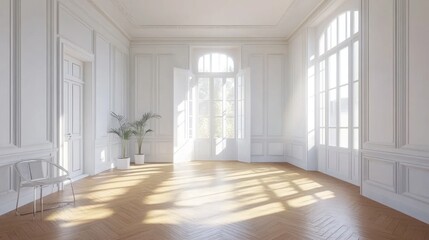 Obraz premium Sunlit empty white room with hardwood floors and tall windows.