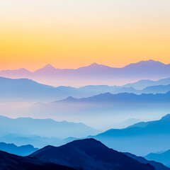 Obraz premium Serene mountain landscape with layers of misty peaks under a colorful sunrise sky, creating a tranquil and dreamy atmosphere. 