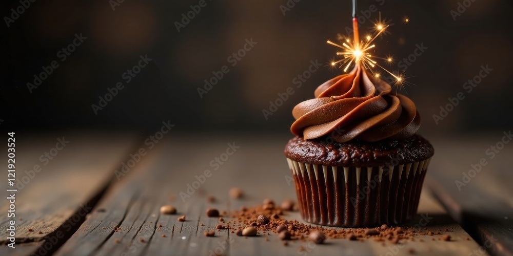 Poster a single decadent chocolate cupcake adorned with a celebratory sparkler, resting on a rustic wooden 
