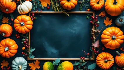 Autumn harvest display, chalkboard frame, vibrant orange pumpkins, colorful gourds, fallen leaves, rustic wooden background, Thanksgiving decor, seasonal arrangement, teal and orange color palette, to