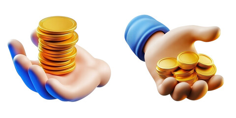 Support hand with gold coin stack 3d cartoon style illustration