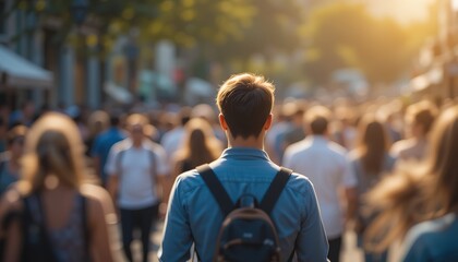Blurry Crowd In Sunlight showcasing people walking in a busy street, illuminated by warm sunlight. hd image