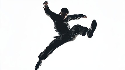 A martial artist performing a high kick with focus and precision, in full combat gear, on a white isolated background