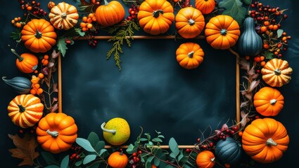 Autumn harvest display, chalkboard frame, vibrant orange pumpkins, colorful gourds, fallen leaves, rustic wooden background, Thanksgiving decor, seasonal arrangement, teal and orange color palette, to