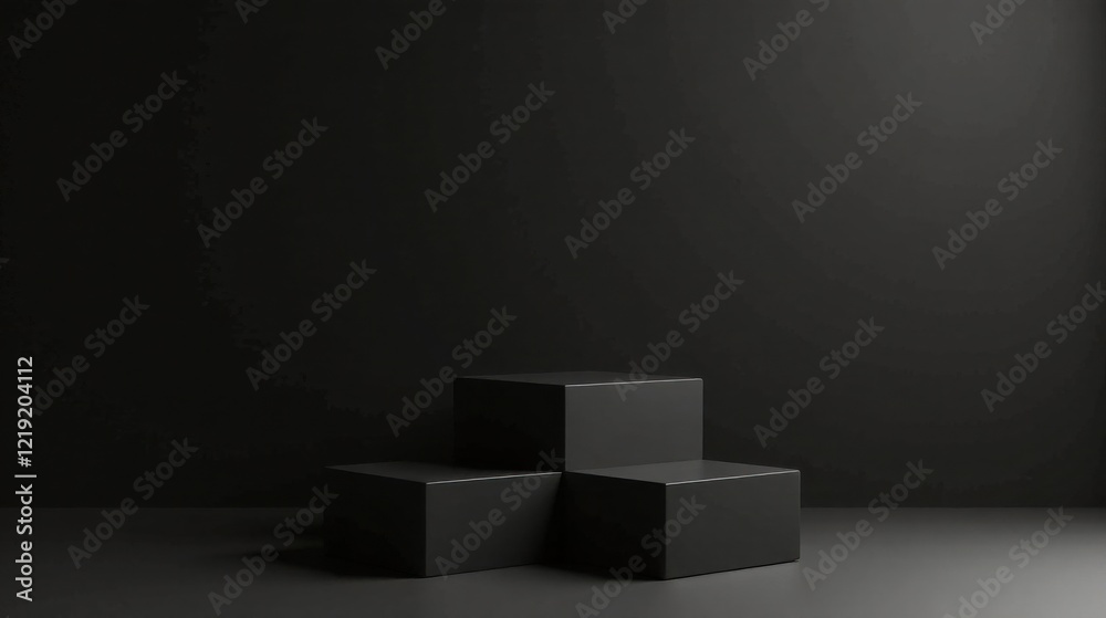 Poster Dark Minimalist Product Display with Three Black Cubes on a Dark Surface