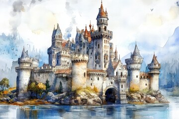 Obraz premium Fantastical Fantasy Castles. Watercolor and digital illustration artwork. A serene painting depicting a majestic castle reflected on calm waters, surrounded by lush greenery and a clear sky.