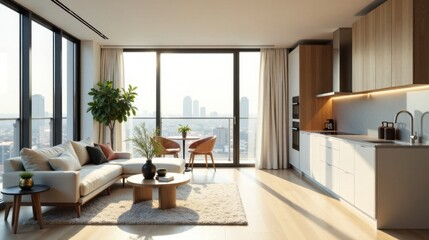 Modern open-plan apartment living space with city views, featuring a comfortable sectional sofa, stylish wooden dining furniture, and a sleek minimalist kitchen