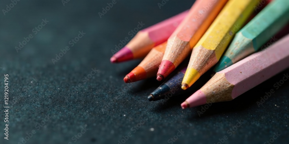 Poster a close-up view of well-used colorful pencils on a dark surface