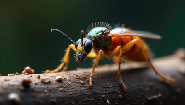 Ab?jala sentada cerca de la colmena con polen en su abdomen, insectos, polen, colmena