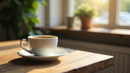 Aromatic Steam Rising from a Warm Cup of Coffee on a Sunny Wooden Table by a Window