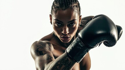 A female boxer shadowboxing with intensity, in training for a match, on a white isolated background
