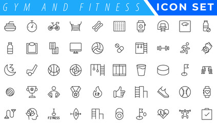 Gym and fitness icon set. Containing healthy lifestyle, weight training, body care and workout or exercise equipment icons. Solid icons vector collection.