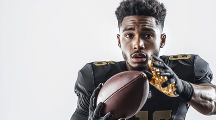 A football player practicing drills with a football, focused on precision, on a white isolated background