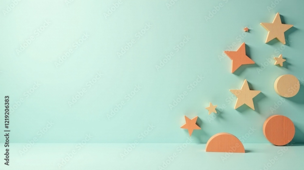 Poster pastel shapes and stars on a light blue background a minimalist product display scene