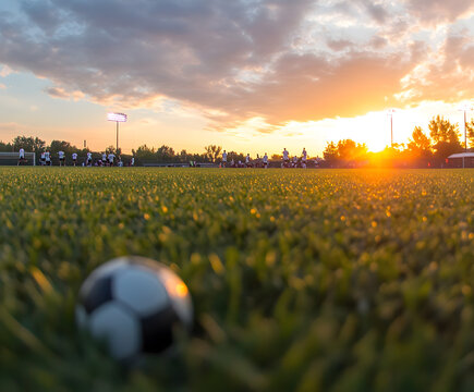 A panoramic view of a team warming up on the field as the sun sets in the background.


