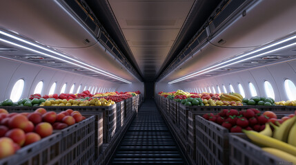 A modern cargo plane interior featuring crates of freshly harvested berries, peaches, and bananas, symbolizing global perishable goods logistics.