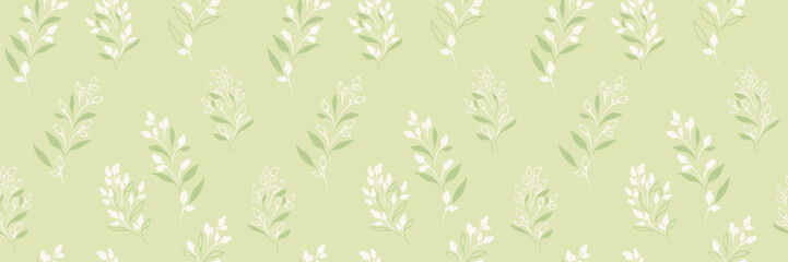 Pastel mint green  seamless pattern with shapes tiny branches leaves, buds with drops. Plain unique floral print. Vector hand drawn sketch. Nature ornament for designs