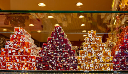 Colorful Assorted Turkish Delight Displayed in an Elegant Glass Showcase, Istanbul, Turkey