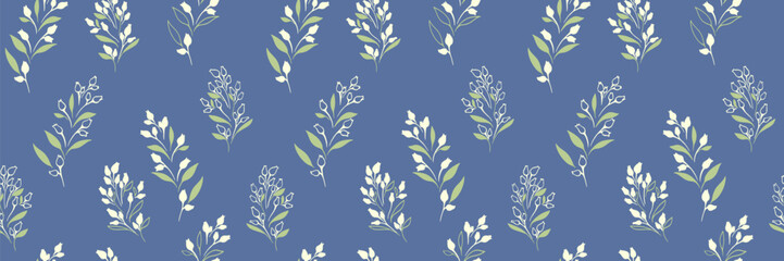 Plain seamless pattern with shapes tiny branches leaves, buds with drops. Blue unique floral print. Vector hand drawn sketch. Nature ornament for designs