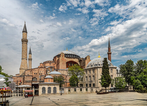 Hagia Sofia Historic Mosque Architecture Against a Vibrant Sky in a Public Square, Istanbul