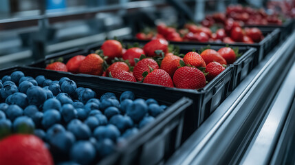A close-up of neatly packed blueberries and strawberries in labeled boxes, moving along a conveyor belt in a temperature-controlled warehouse.