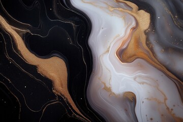 Stunning abstract art featuring luxurious swirls of black, white, and gold that captivates the viewer's imagination. Generative AI