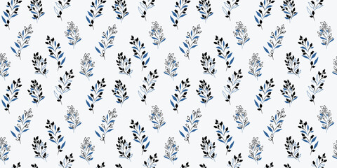 Seamless pattern with abstract tiny branches, little flowers buds. Creative small floral stems with drops, dots, spots print. Vector hand drawing. Simple ornament for textile, fabric, surface design