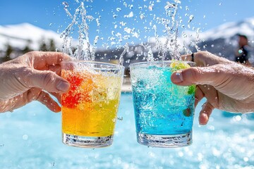 Friends enjoying a poolside party, splashing water and sipping colorful drinks