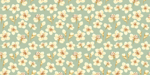Pastel pattern with abstract artistic florals. Vector hand drawing. Ditsy tiny flowers and small buds seamless print on a green mint background. Designs ornaments for textiles, fabric, cover