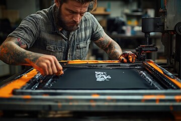 Bearded male worker presses ink onto frame using printing machine in workshop. Manual screen printing technique. Manufacturing process for custom designs on fabric. Pro printing worker uses