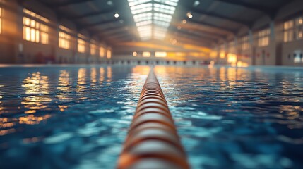 Indoor swimming pool with lane line, sunlight through high ceiling.
