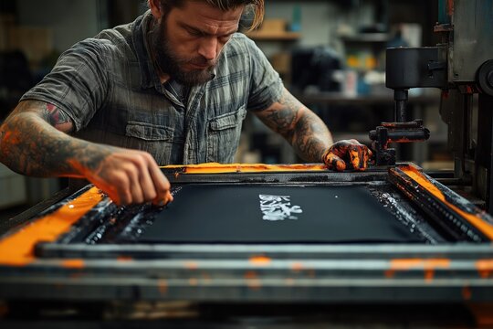Bearded male worker presses ink onto frame using printing machine in workshop. Manual screen printing technique. Manufacturing process for custom designs on fabric. Pro printing worker uses
