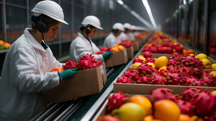 Workers organizing and monitoring boxes of exotic fruits like dragonfruit and papaya as they move along automated conveyor belts in a refrigerated warehouse.