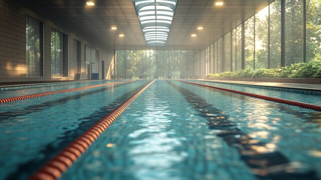 Indoor swimming pool with lanes, natural light streaming through large windows.