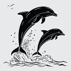  A-pair-of-dolphins-leaping-in-unison  image silhouette vector art and illustration