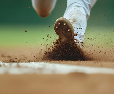A close-up of home plate covered in dirt after a runner slides across it to score.


