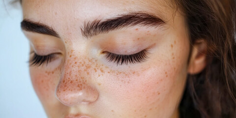 Obraz premium Close-up of a beautiful woman's eyes with long eyelashes, a closed eye. Lash extensions in a beauty salon concept