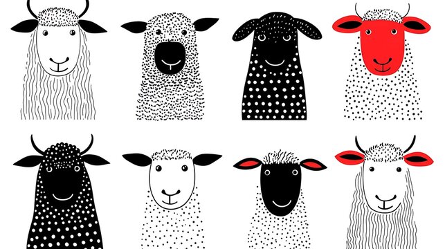 Whimsical and Groovy Cartoon Sheep Faces in Abstract Style for Playful Art and Designs